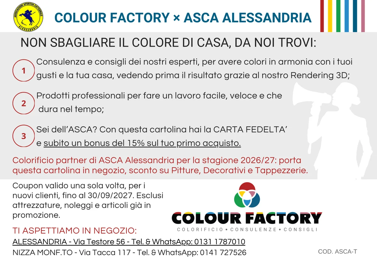 Cartolina Colour Factory per i tesserati ASCA, fronte: Carta fedeltà e bonus del 15%